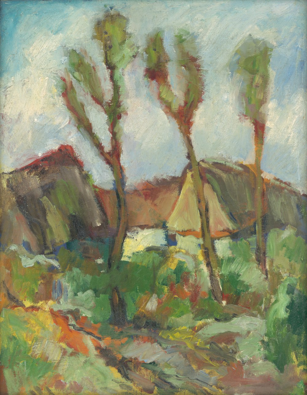 a painting of some trees and a house