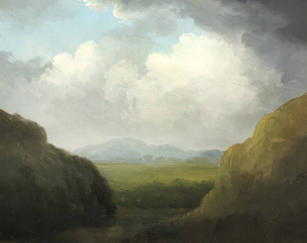a painting of a landscape with mountains in the background