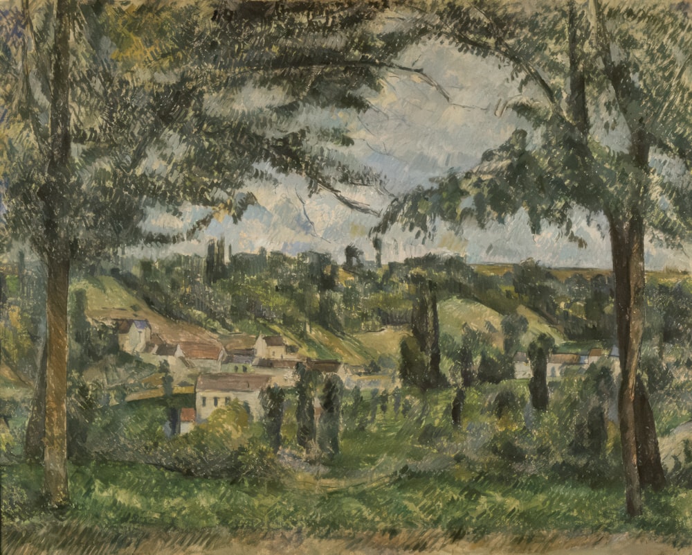 a painting of a landscape with trees and houses