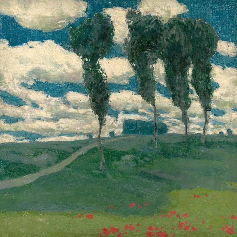 a painting of three trees on a hill