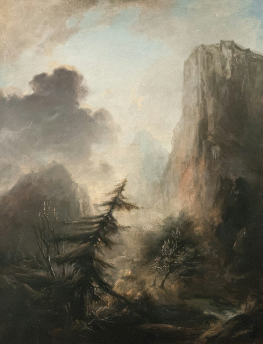 uma pintura de uma paisagem montanhosa com árvores em primeiro plano
