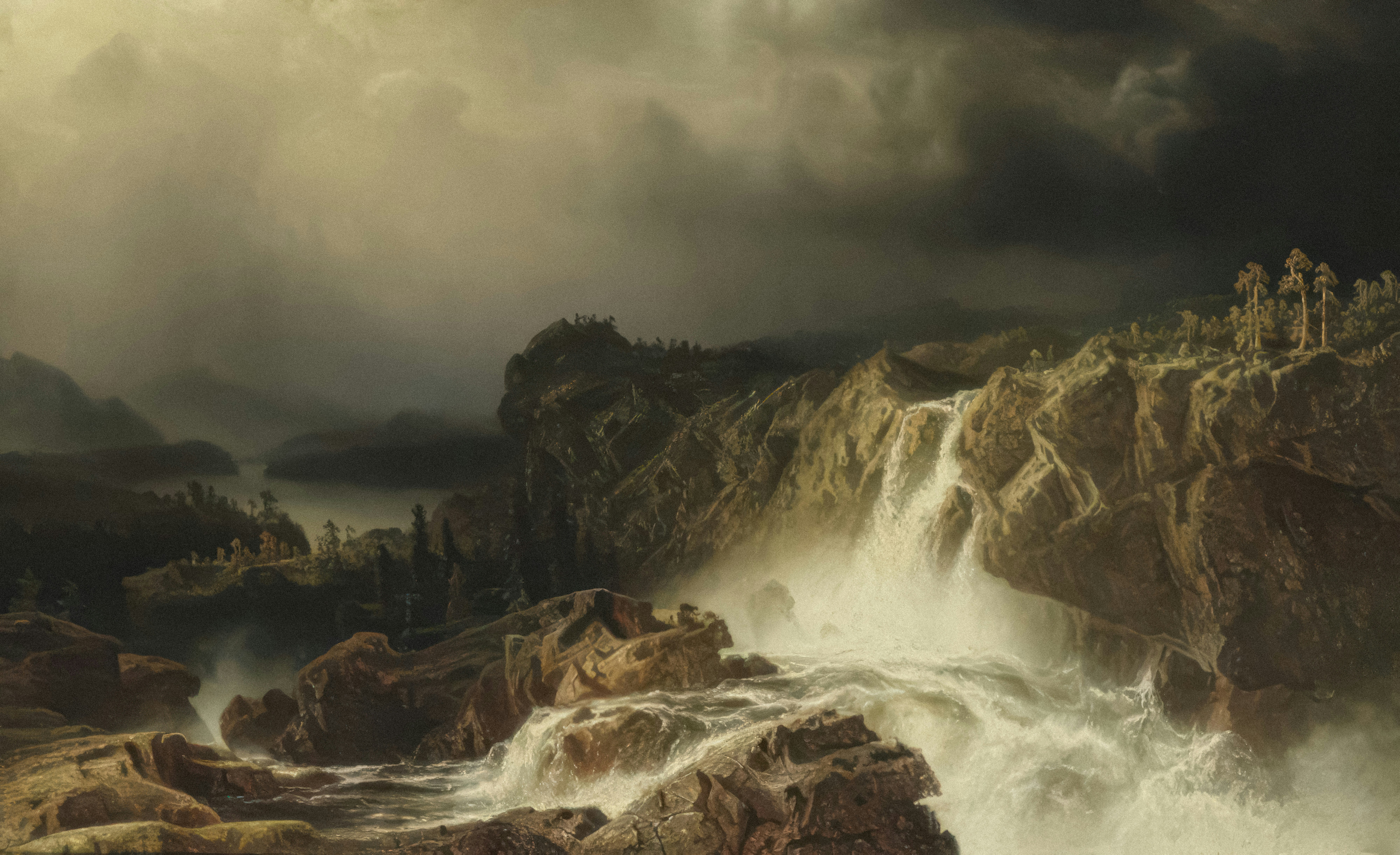 a painting of a waterfall in the middle of a forest