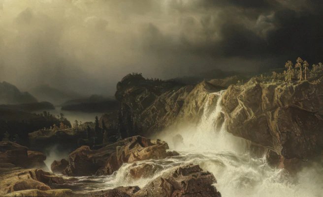 a painting of a waterfall in the middle of a forest