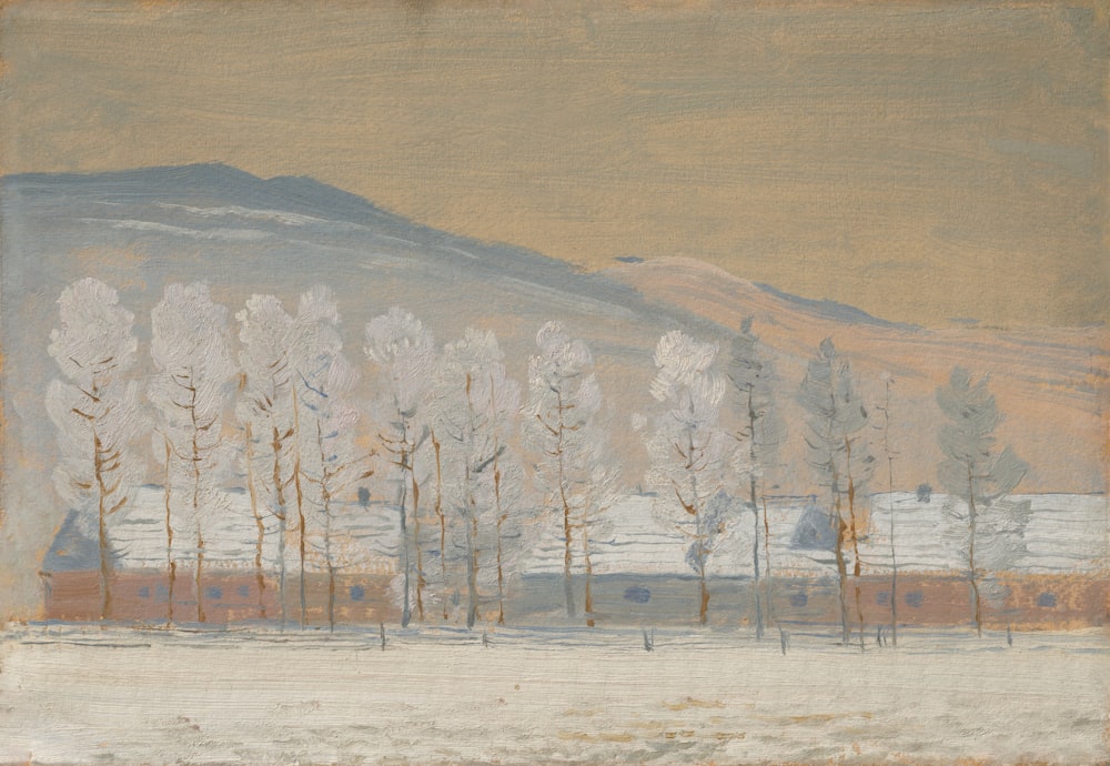 a painting of a snowy landscape with trees