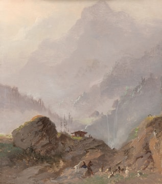 A tranquil mountainous landscape with misty hills in the background. A small cabin is perched on a hill, surrounded by sparse trees. A group of people and animals, possibly goats, traverse the rugged terrain, which is dotted with rocks and patches of greenery.