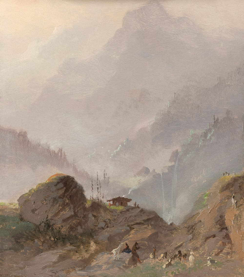 a painting of a mountain scene with people and animals