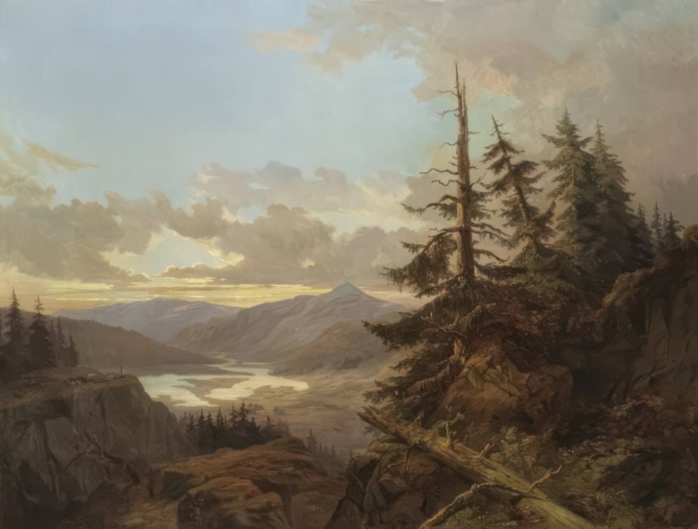 a painting of a mountain landscape with a lake in the distance