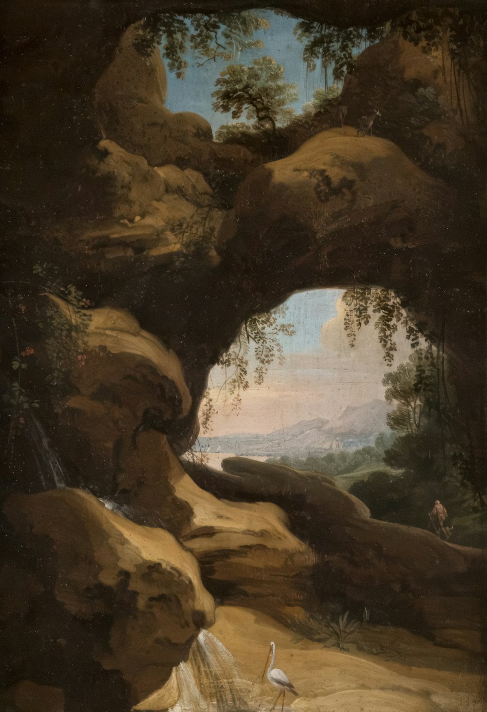 a painting of a bird standing in a cave