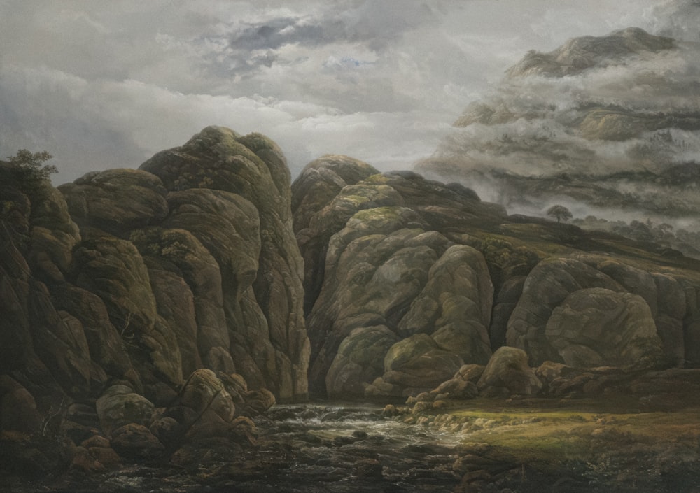 a painting of a rocky landscape with a stream