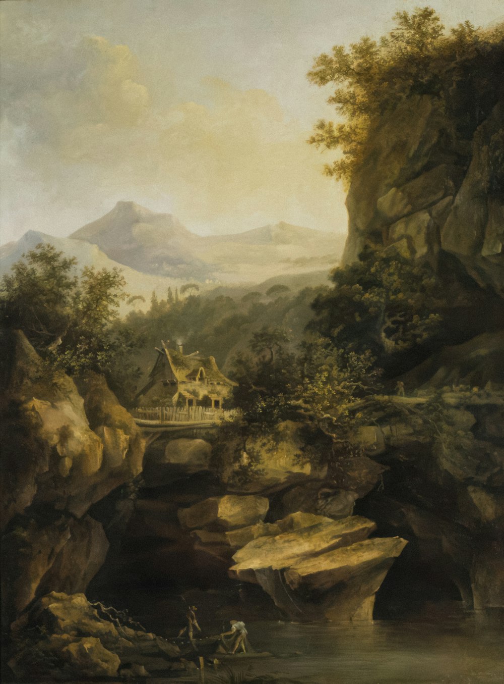 a painting of a mountain stream with a house in the distance
