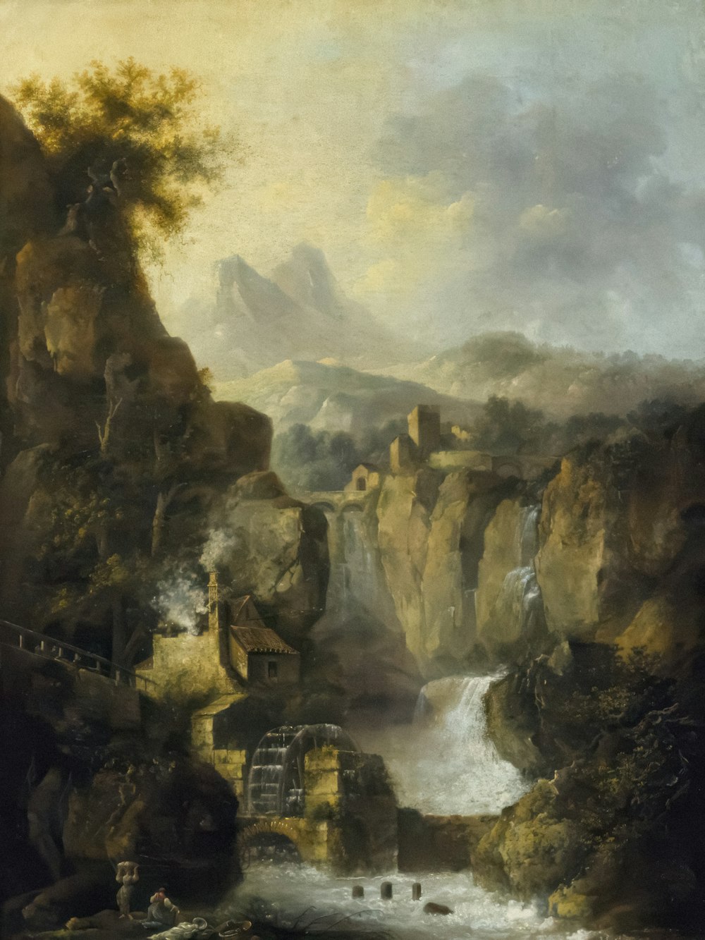 a painting of a river with a mountain in the background