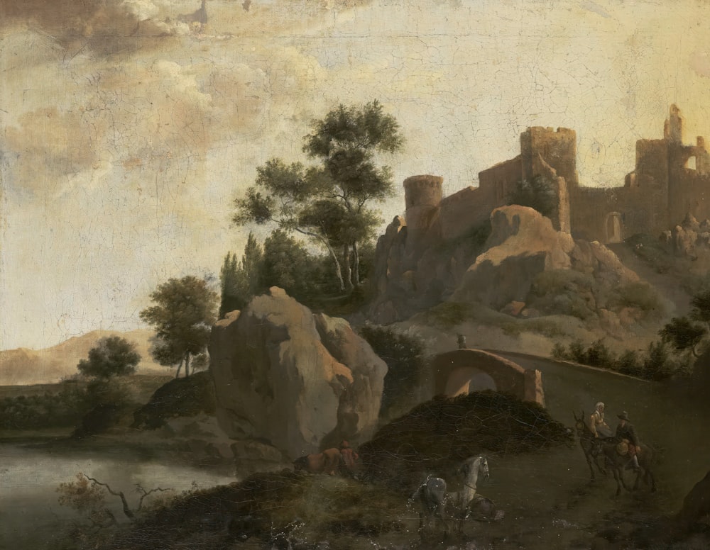 a painting of a landscape with a castle in the background