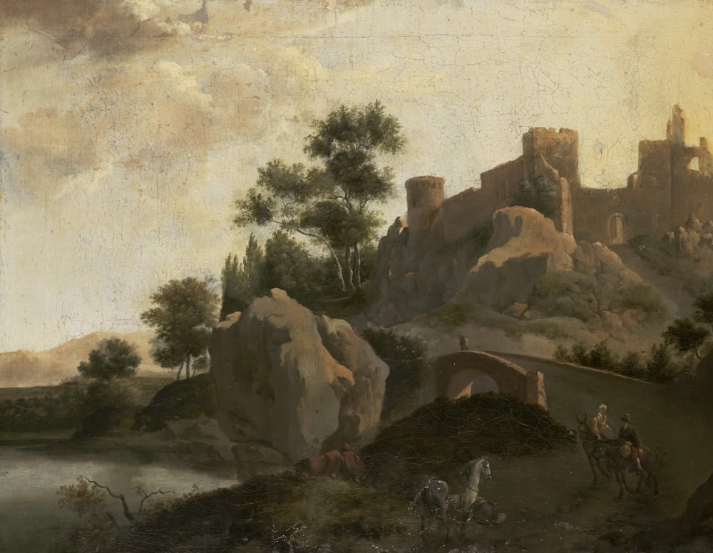 une peinture d’un paysage avec un château en arrière-plan