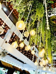 An arrangement of hanging light bulbs intertwined with green foliage, creating an artistic and lively installation. The lights give off a warm glow, contrasting with the lush greenery. The background features white structural elements and a wooden ceiling with beams.