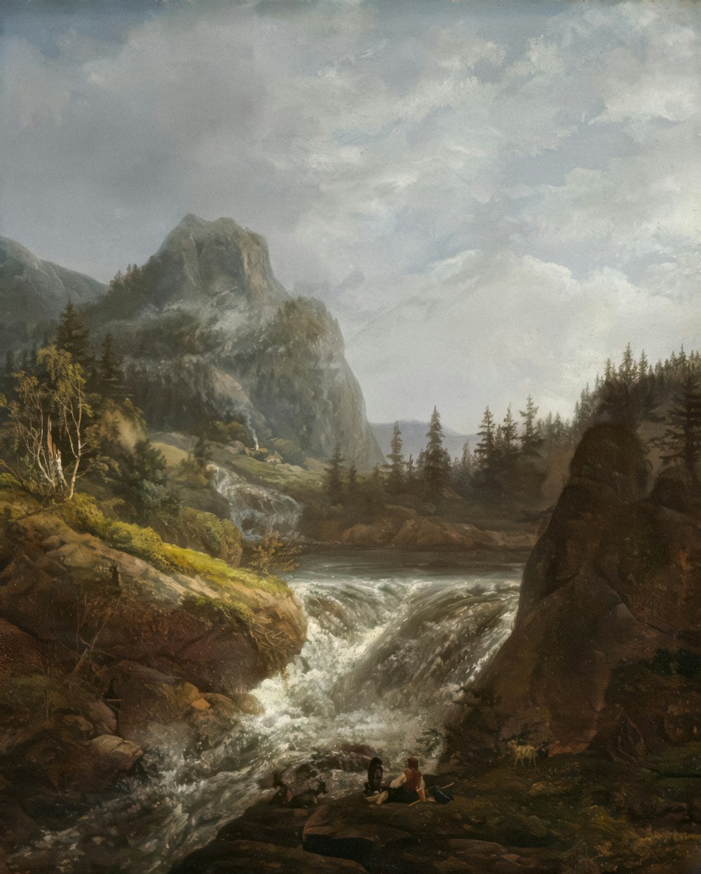 a painting of a river with a mountain in the background