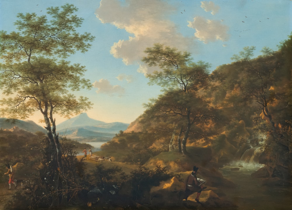 a painting of a wooded landscape with people and animals
