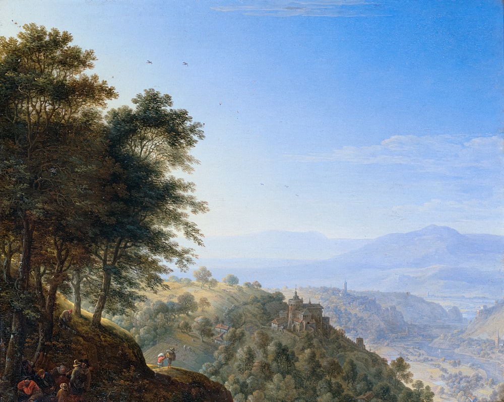 a painting of a mountainous landscape with people and animals