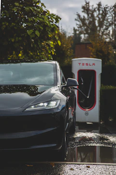 A black electric car is parked at a charging station with visible greenery and wet ground reflections. The charging unit is prominently branded behind the vehicle.