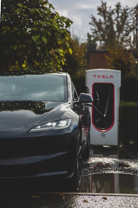 A black electric car is parked at a charging station with visible greenery and wet ground reflections. The charging unit is prominently branded behind the vehicle.