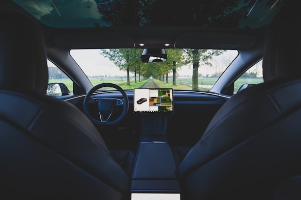 The image captures the interior of a modern car, looking out from the backseat towards the windshield. A central display screen shows navigation or controls, and the surroundings outside include a green, tree-lined road.