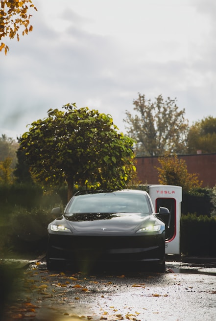 A sleek, black car is parked at a Tesla charging station. The surrounding area is lush with greenery and a few scattered fallen leaves. Bright headlights create a contrast with the overcast sky, which gives a sense of a recent rain.