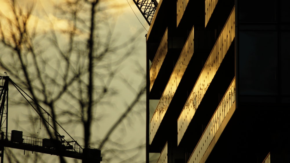 a crane is silhouetted against a building with a sky background