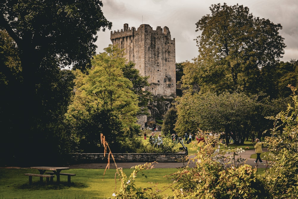 a castle with a picnic table in the foreground