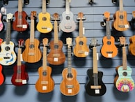 A vibrant display of various ukuleles hanging on a wall.