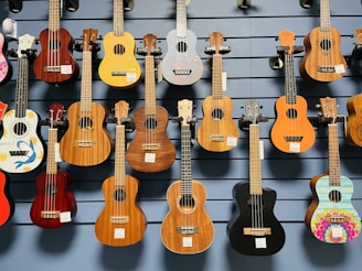 A display of various ukuleles arranged on a wall, including different shapes, colors, and wood finishes, with a variety of designs and decorations. The instruments are mounted on a slatted wall, showcasing their unique characteristics such as size, color, and artistic patterns.