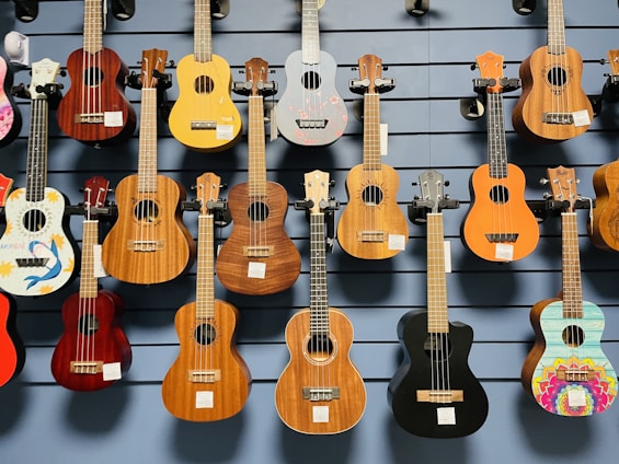 A display of various ukuleles arranged on a wall, including different shapes, colors, and wood finishes, with a variety of designs and decorations. The instruments are mounted on a slatted wall, showcasing their unique characteristics such as size, color, and artistic patterns.