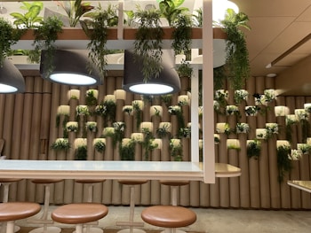 A modern interior space features a wall adorned with vertical cylindrical elements, each topped with lush greenery. Above, large pendant lights hang over a row of bar stools with brown cushioned seats. The environment suggests a blend of natural and contemporary design elements.