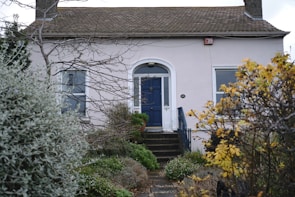 A cozy two-story house with a small front garden and a bright blue door.
