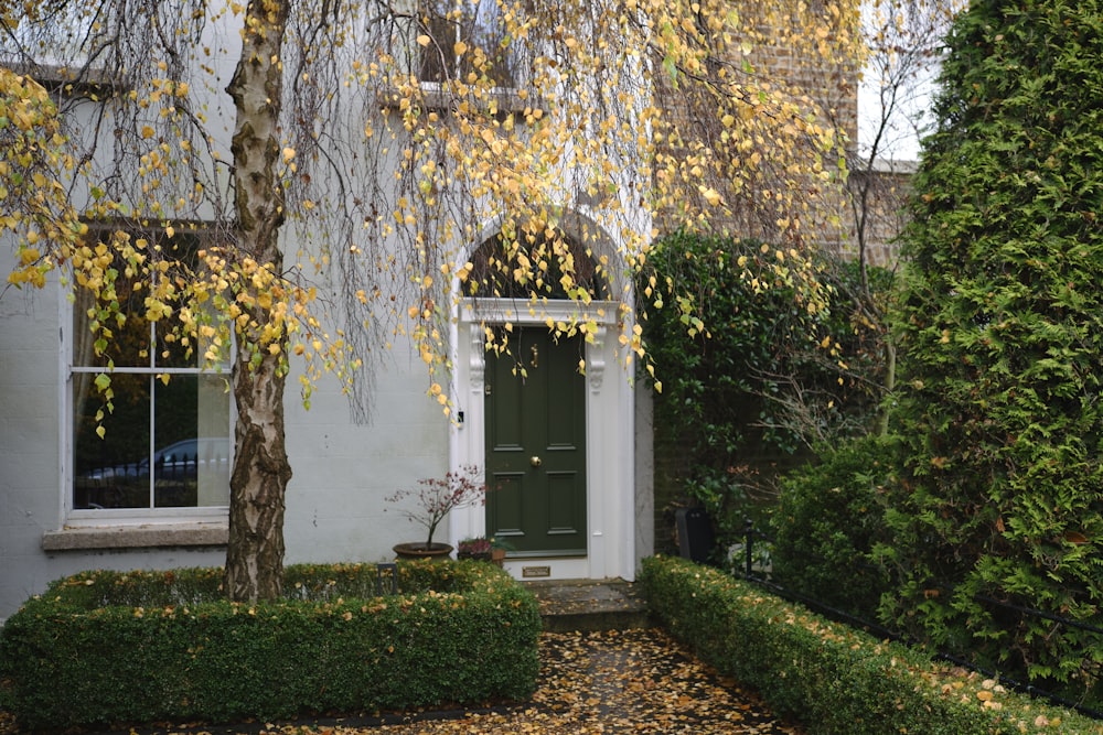 a white house with a green door and window