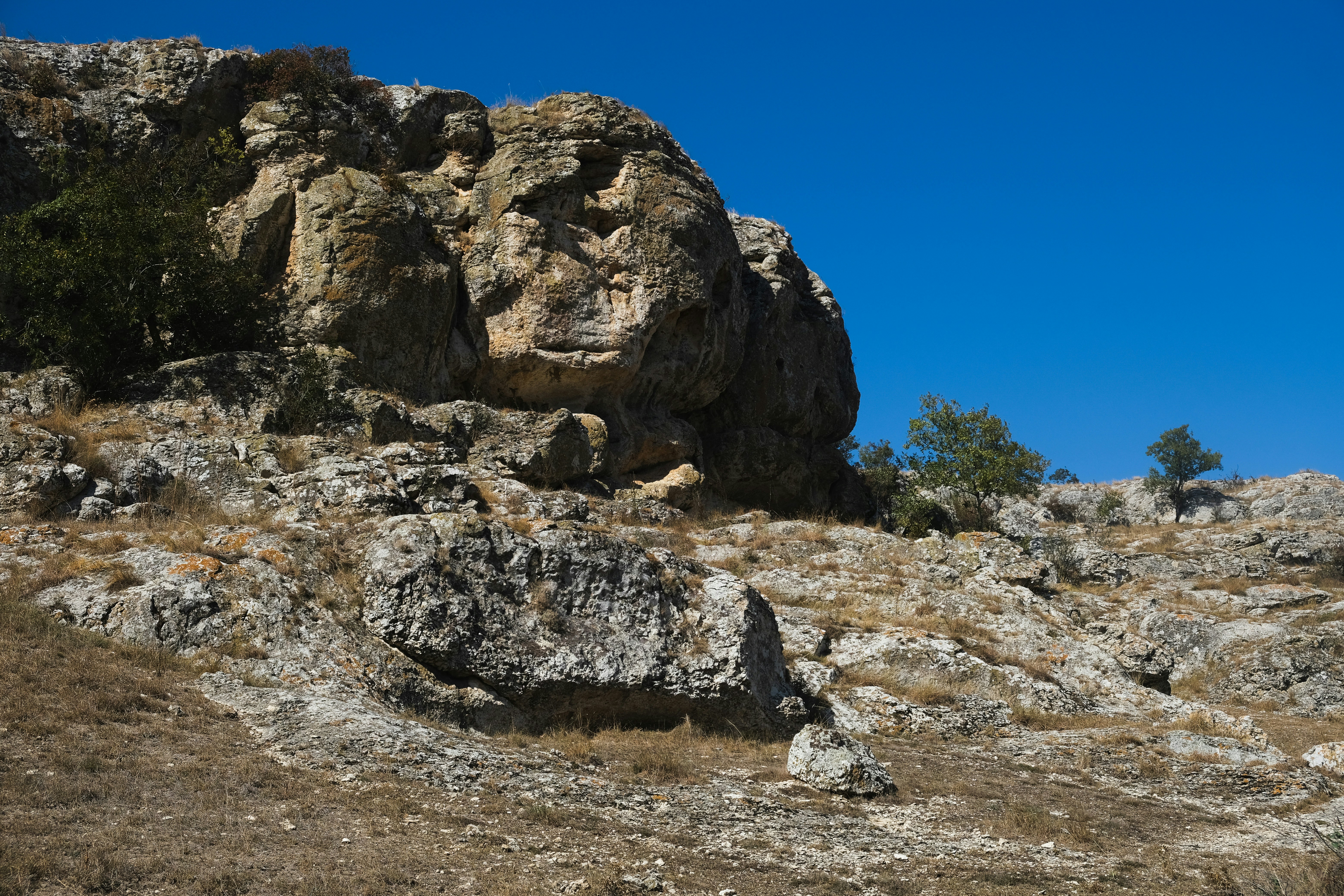 a large rock formation in the middle of a field