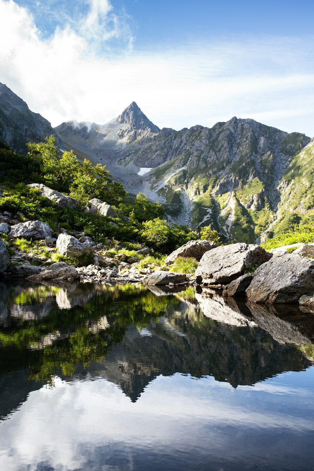 a mountain range with a lake in the foreground