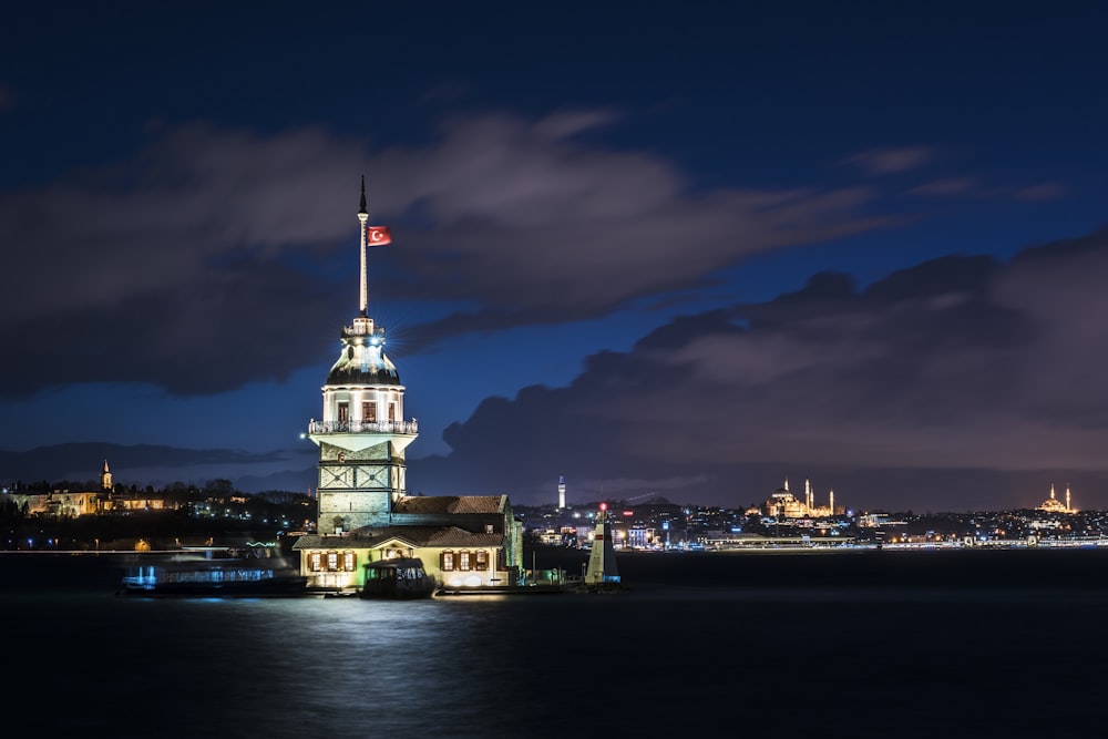 a clock tower in the middle of a body of water