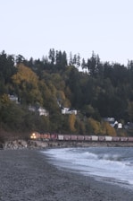 A freight train travels along a railway line beside a rocky beach. The foreground features a pebble-covered shoreline with waves lapping against it. In the background, there are houses nestled among dense trees on a hillside, showcasing autumn foliage with various shades of yellow and green under a clear sky.