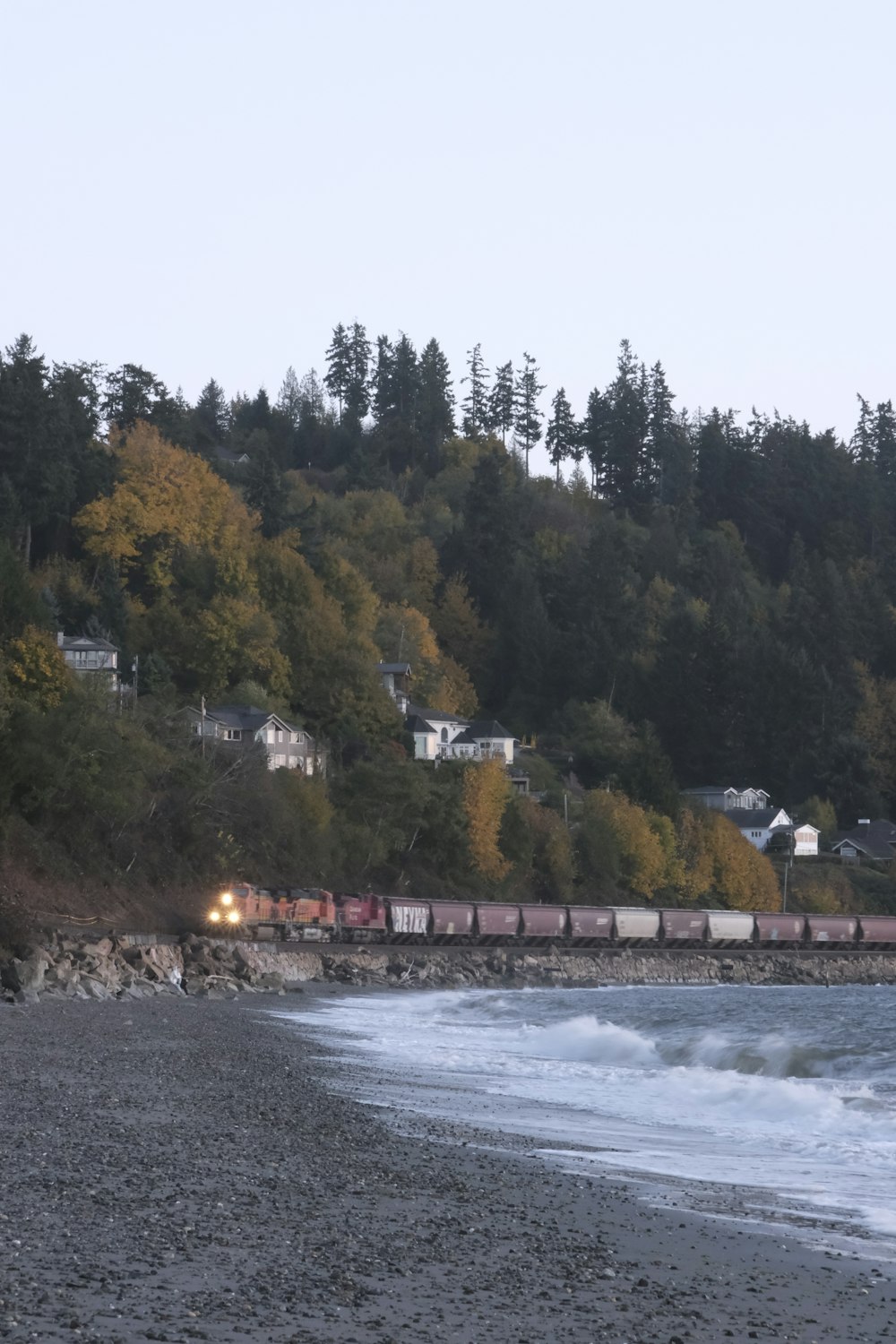 a train on a train track next to a body of water