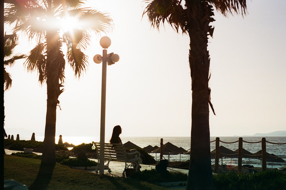 a woman sitting on a bench next to palm trees