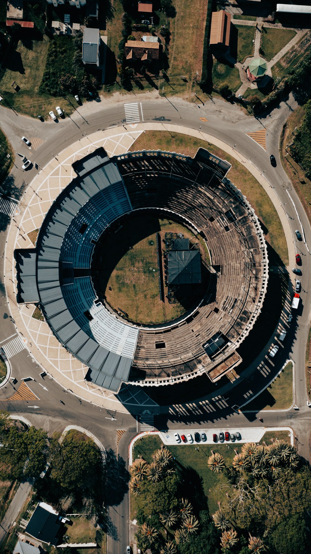 an aerial view of a large circular building