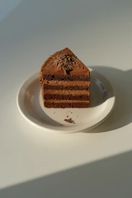 A slice of rich chocolate cake with a glossy ganache topping on a white plate.