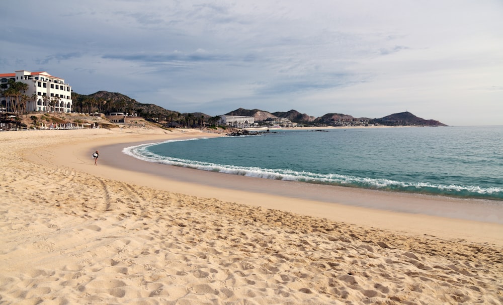 a sandy beach next to a large body of water