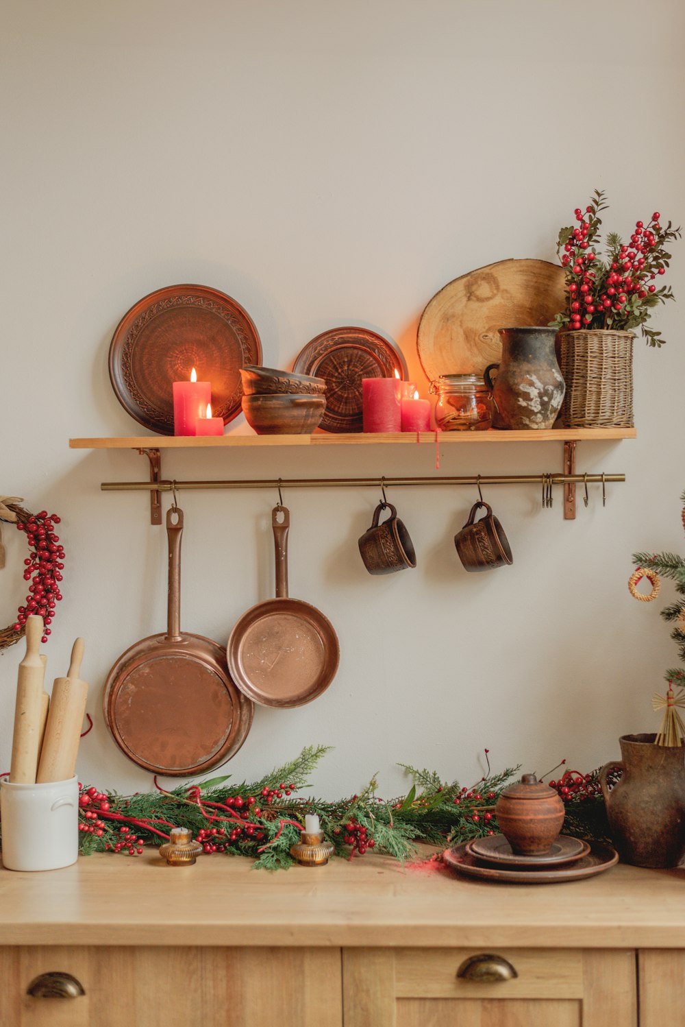 a kitchen counter topped with pots and pans