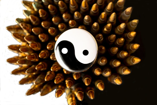 A calm figure surrounded by sharp shooters, symbolizing control within chaos.