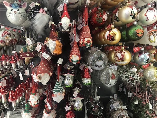 A quirky assortment of humorous adult ornaments.