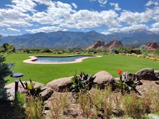 a large grassy field with a pool in the middle of it