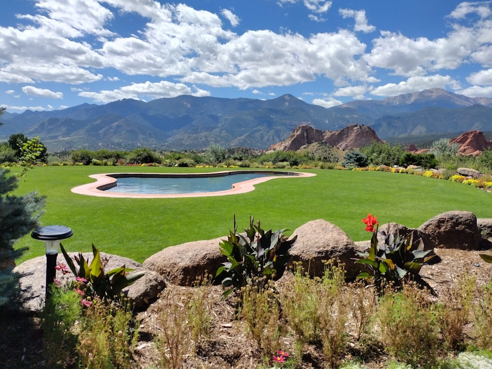 a large grassy field with a pool in the middle of it