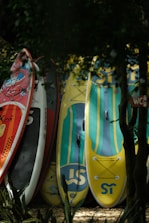 a row of surfboards sitting next to each other