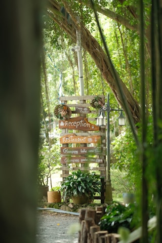 A rustic wooden signpost stands in a lush, green forest clearing. The signpost has various directions labeled, including Reception, Restaurant, and Glamping areas with views of the lake and garden. There are decorative wreaths, plants, and traditional lamp posts adding to the natural and serene ambiance, complemented by the dense tree canopy above.