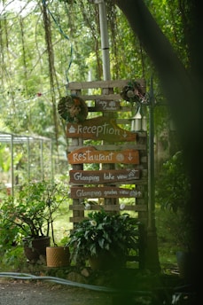 A wooden signpost surrounded by lush greenery, displaying several signs pointing towards a reception, restaurant, and glamping areas with lake and garden views. The signpost is decorated with circular wreaths and flanked by potted plants, set amidst a serene outdoor environment.